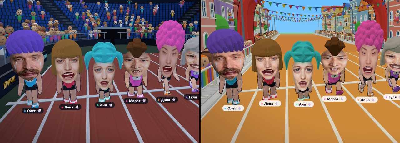 Две сцены FACE RUSH рядом: ночная чаша стадиона с трибунами и дневная улица-праздник с флажками